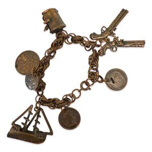 Vintage Bronze 1950's Charm Bracelet - Nautical / Pirate Themed